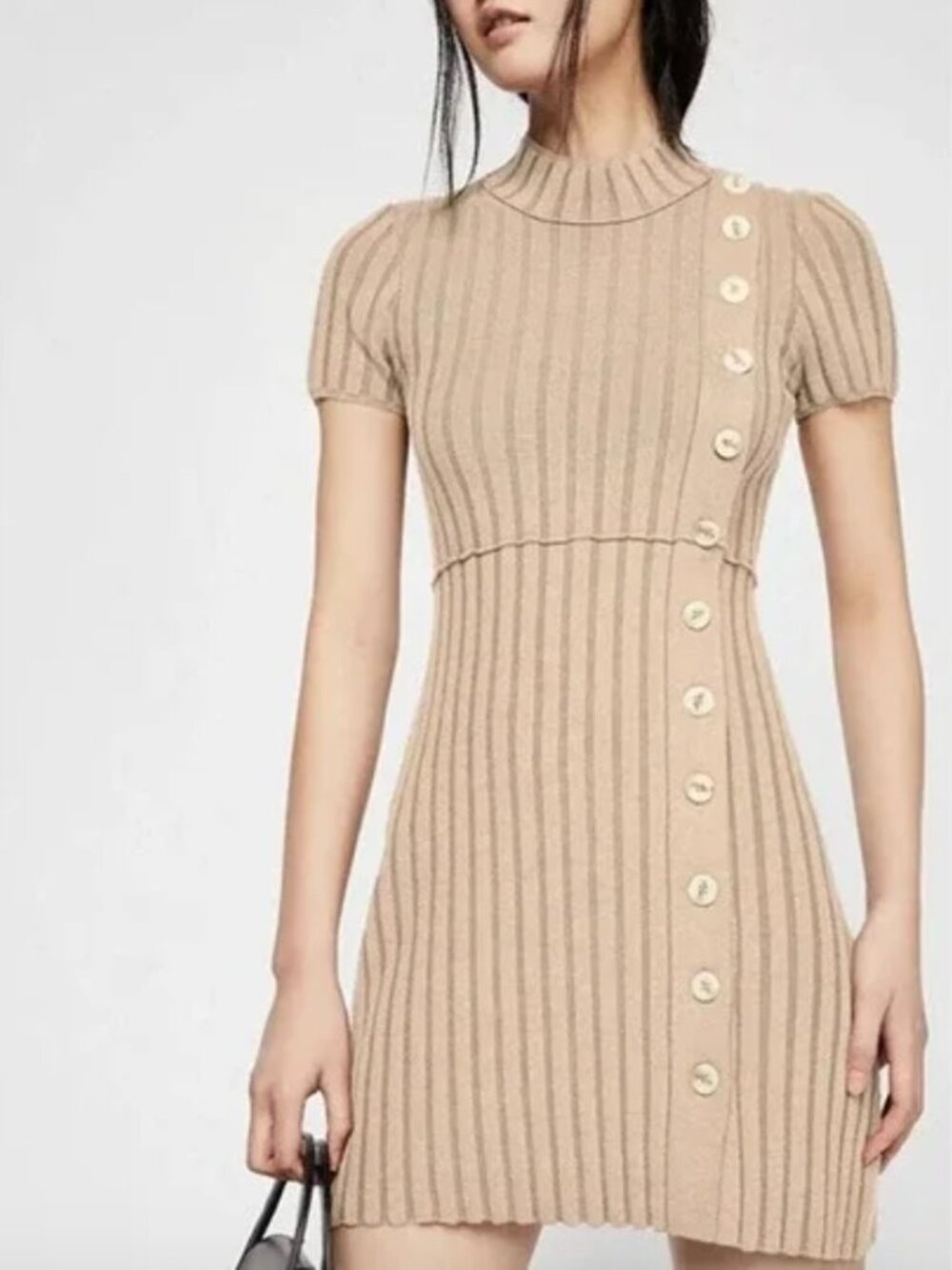 Free People Lottie Rib Knit Button Sweater Dress in Light Brown w Buttons-Sz XS